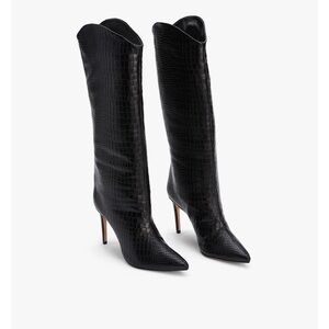 Schutz Maryana Croc-Embossed Leather Knee Boots 7B Black Pointed Toe